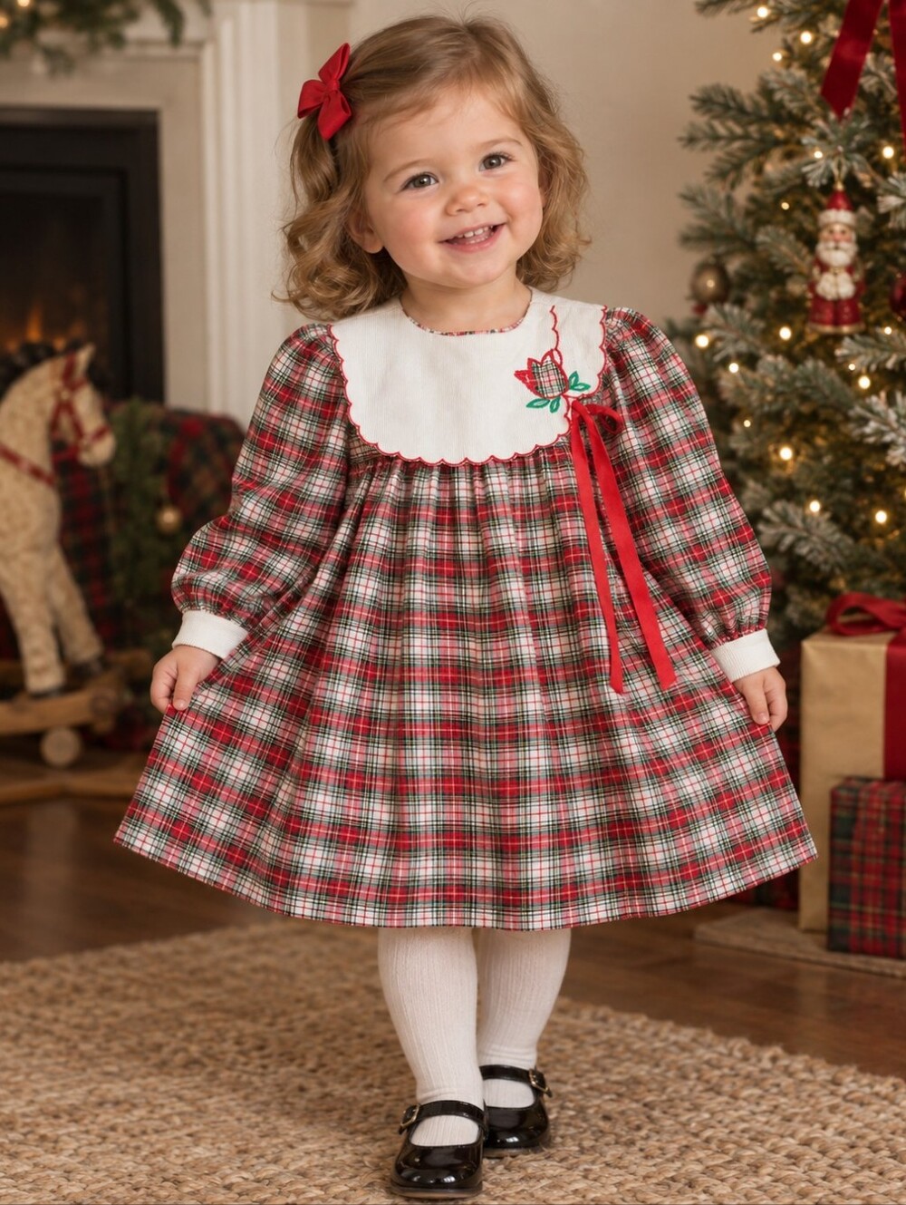Vintage 80s Roanna Christmas Plaid Dress Holiday Holly Embroidered Size 2T